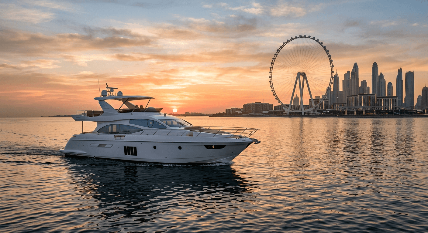 Luxury yacht cruising past Dubai Marina skyline at golden hour